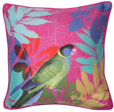 Brightly coloured tropical Parrot feature cushion